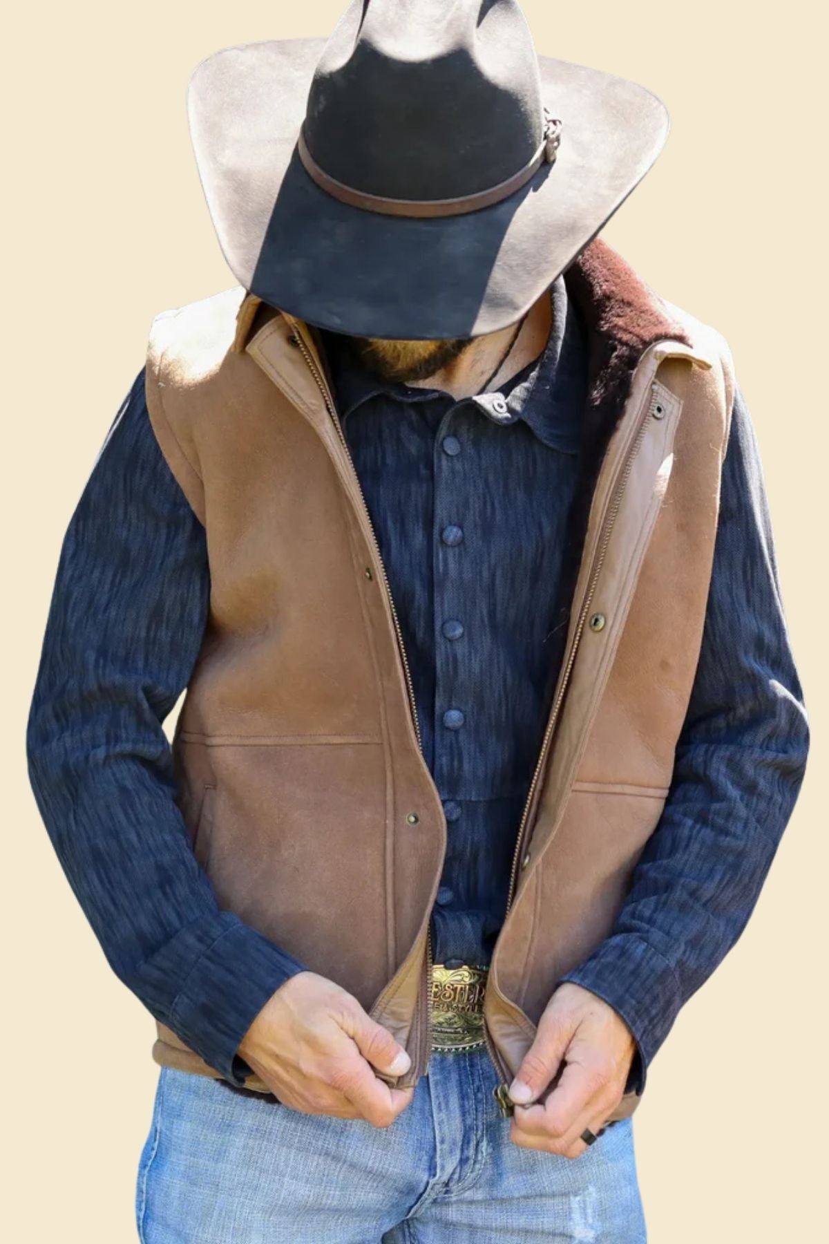 men’s Western-style brown leather vest with soft shearling lining