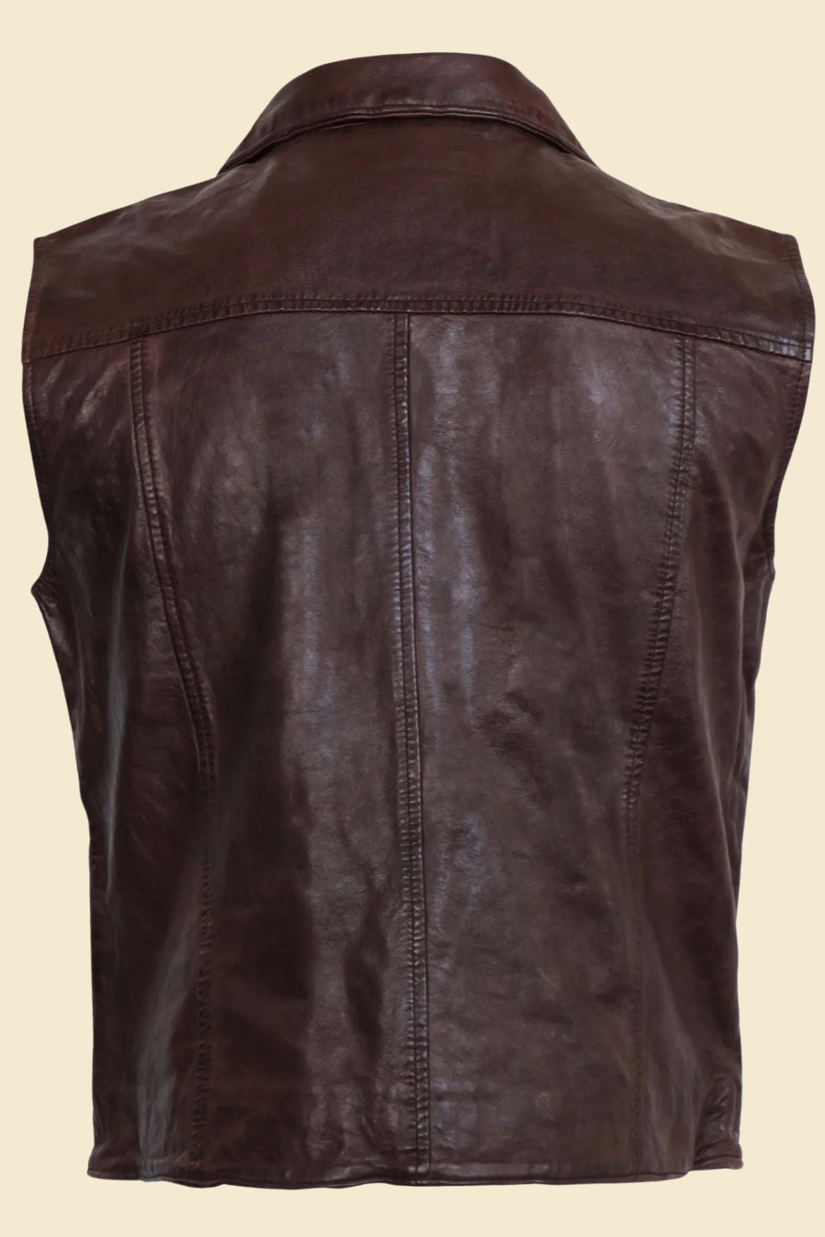 Multi-pocket brown leather motorcycle vest designed for riders and casual wear.