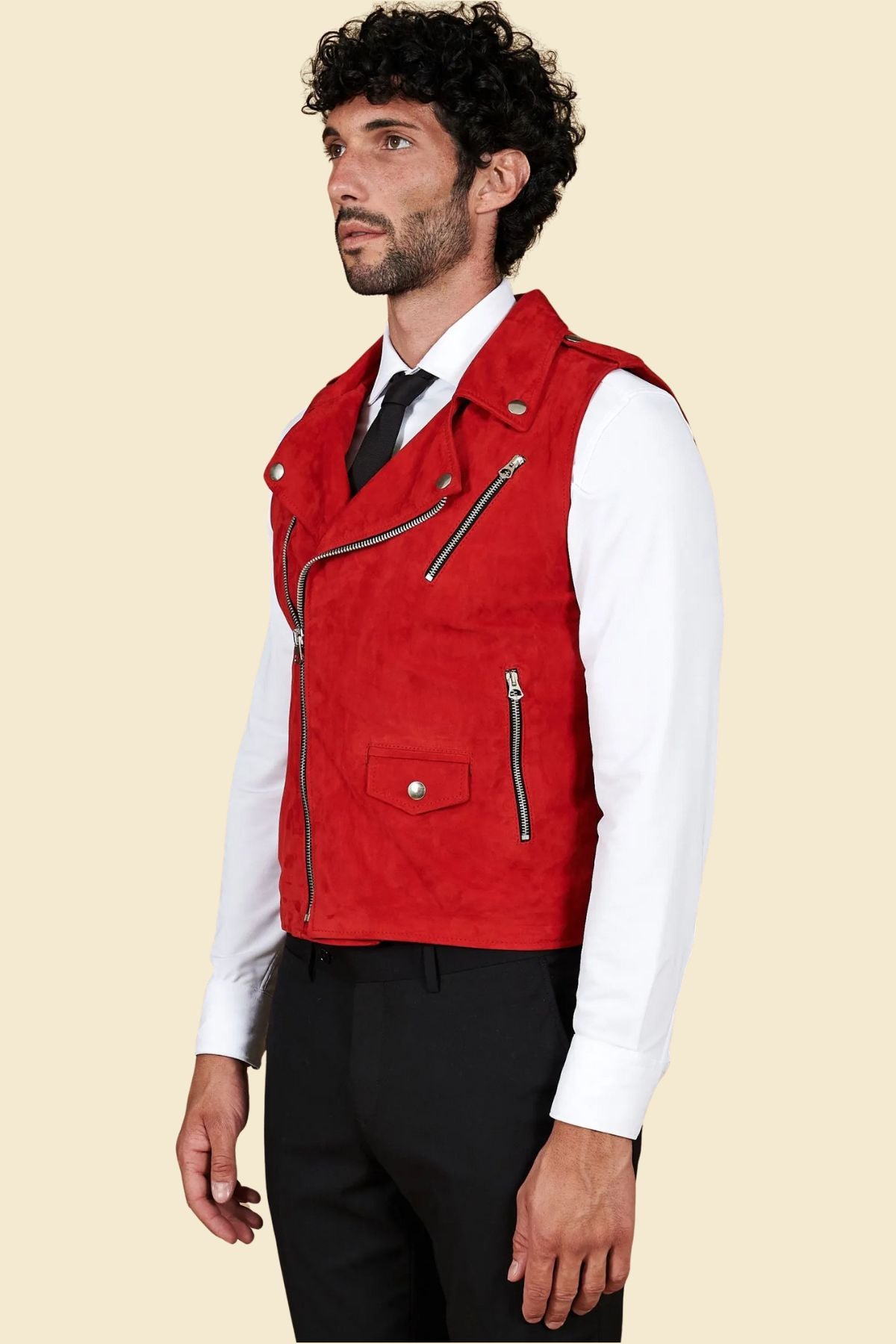 red suede leather vest for men in classic biker cut, ideal for road trips or streetwear.