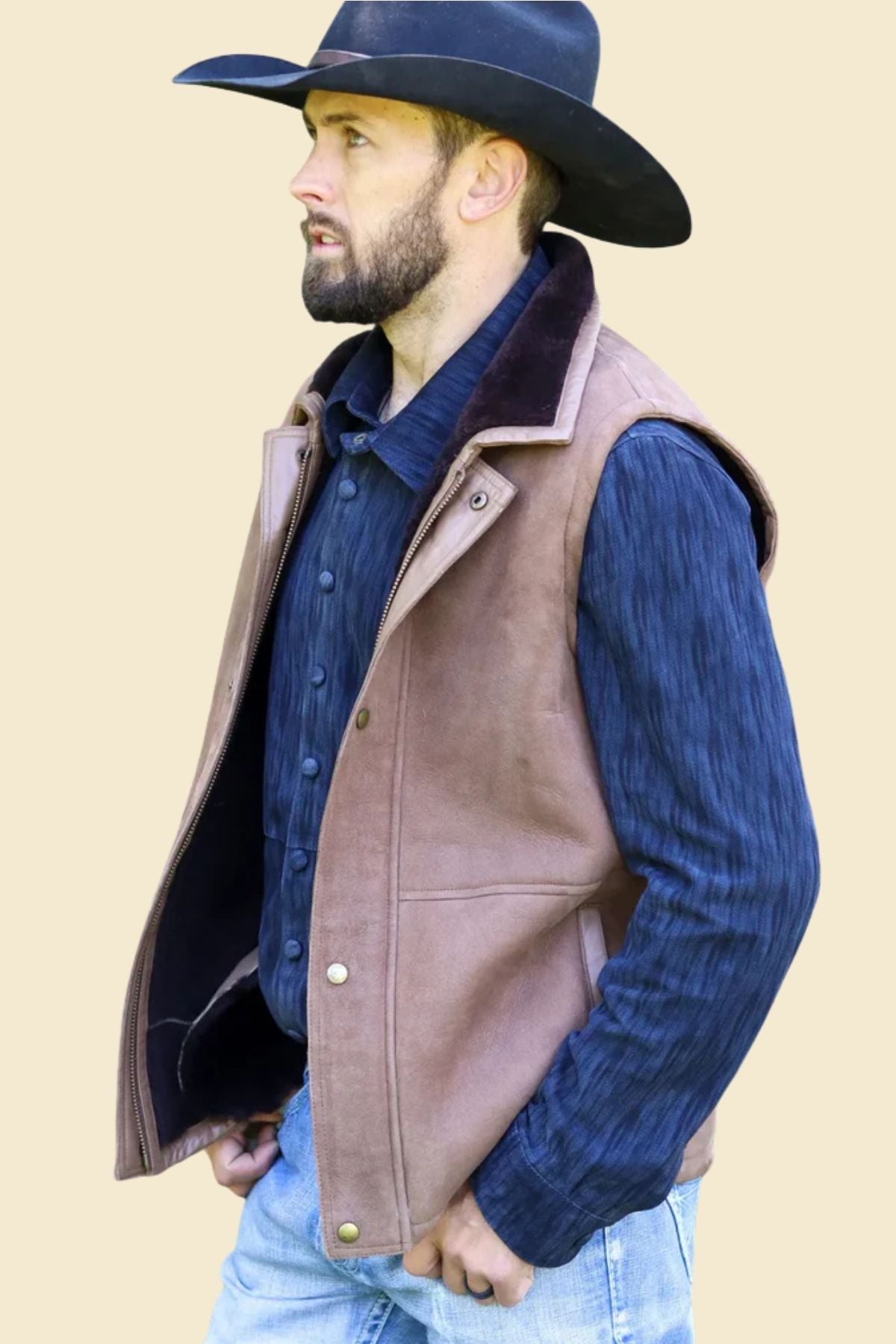 men’s brown shearling vest showing clean Western-inspired cut