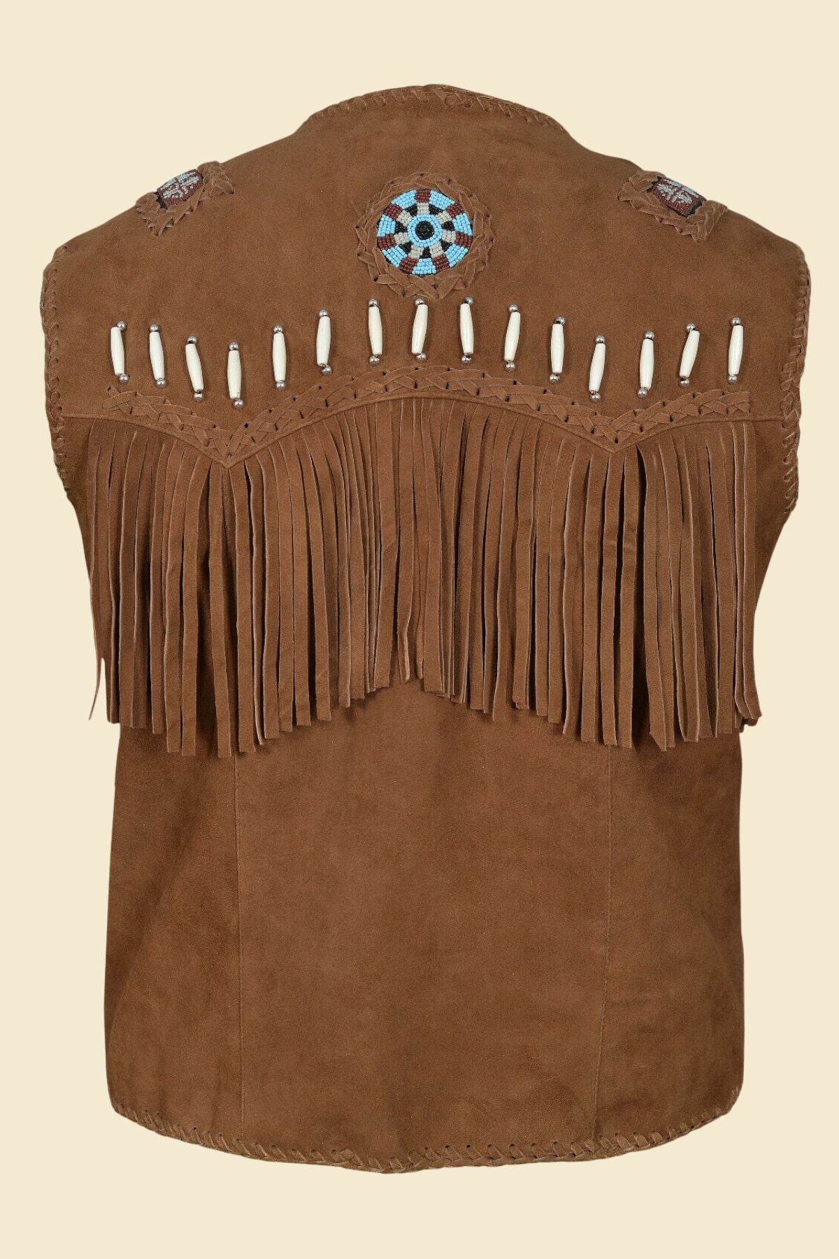 men’s suede fringe vest with open front and classic Western boho styling.