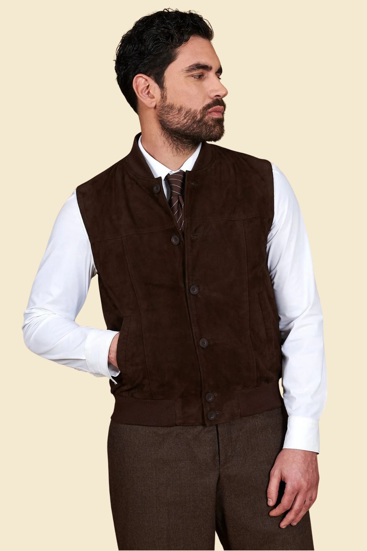 suede leather vest in dark brown for men, showing tailored fit and smooth texture.