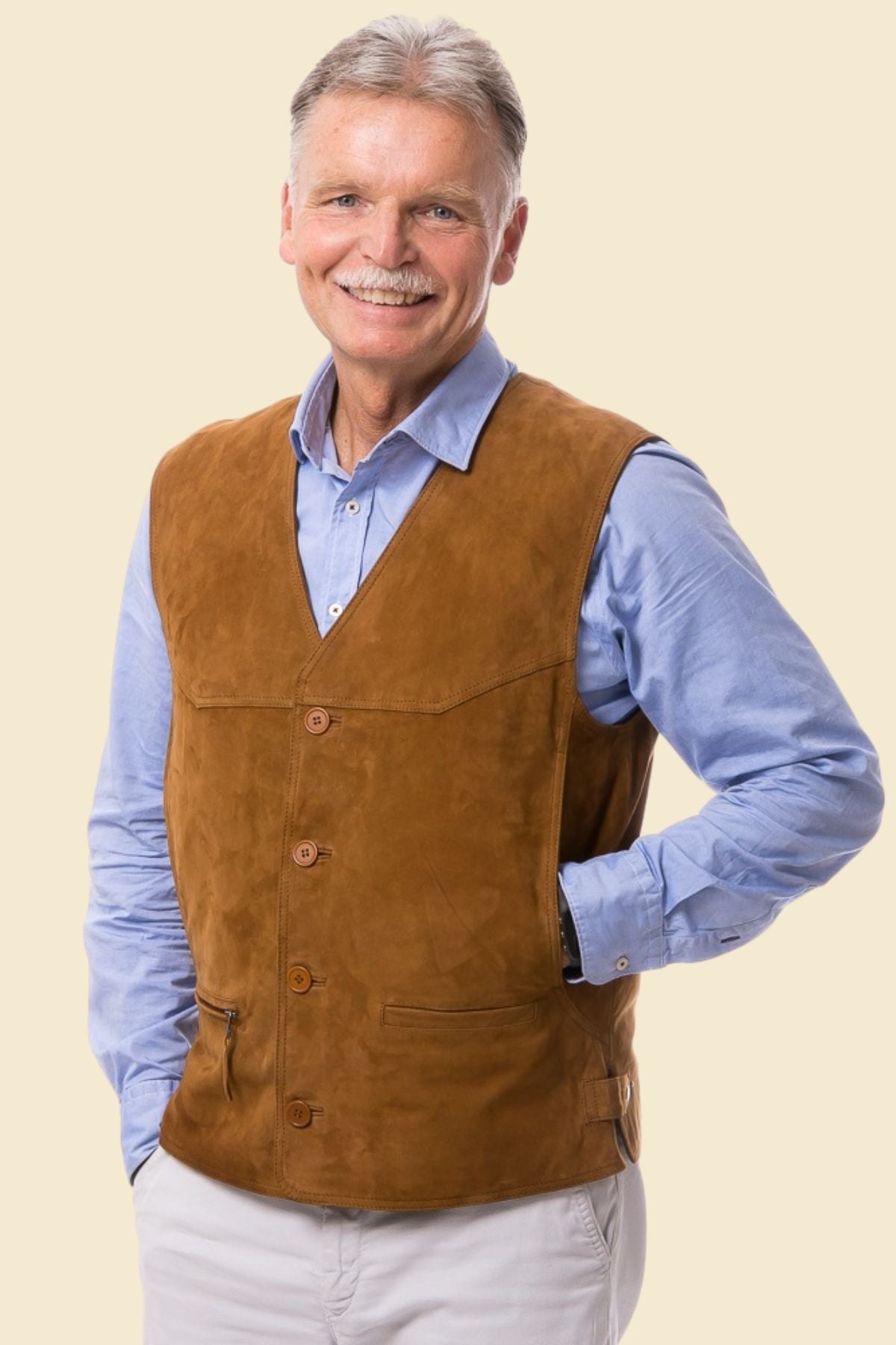 men’s suede leather vest with Western seams and soft, minimal finish.
