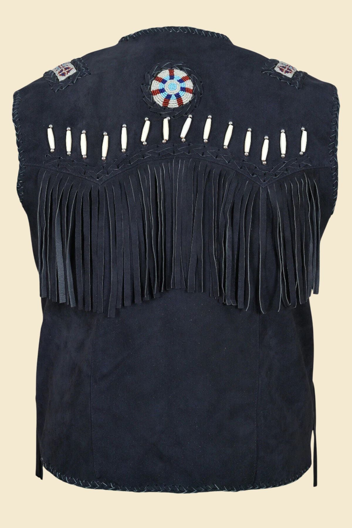 bold blue suede vest for men with full fringe detail and cowboy-style fit.