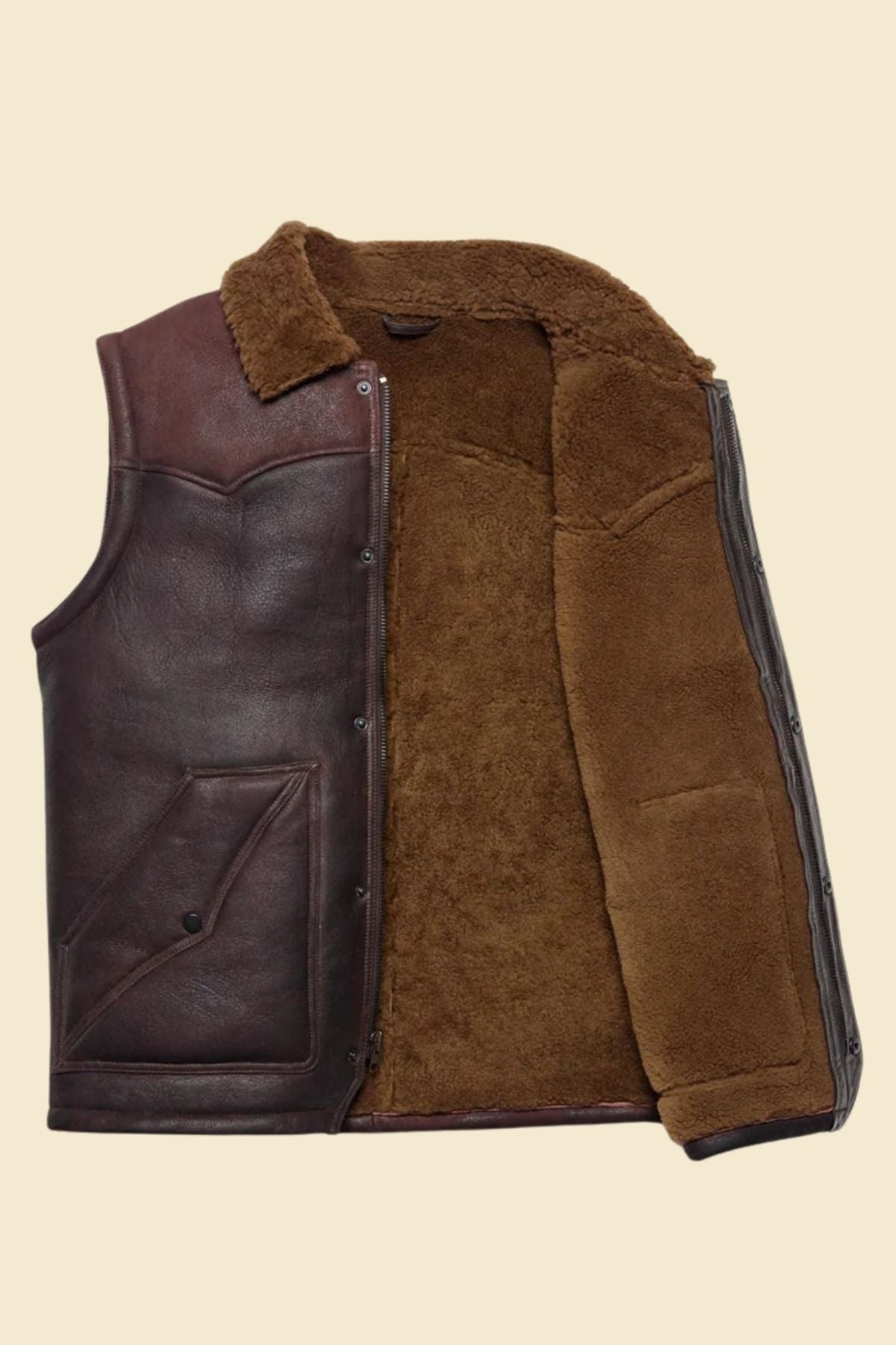 brown leather Western vest showing tailored cut and natural lambskin texture.