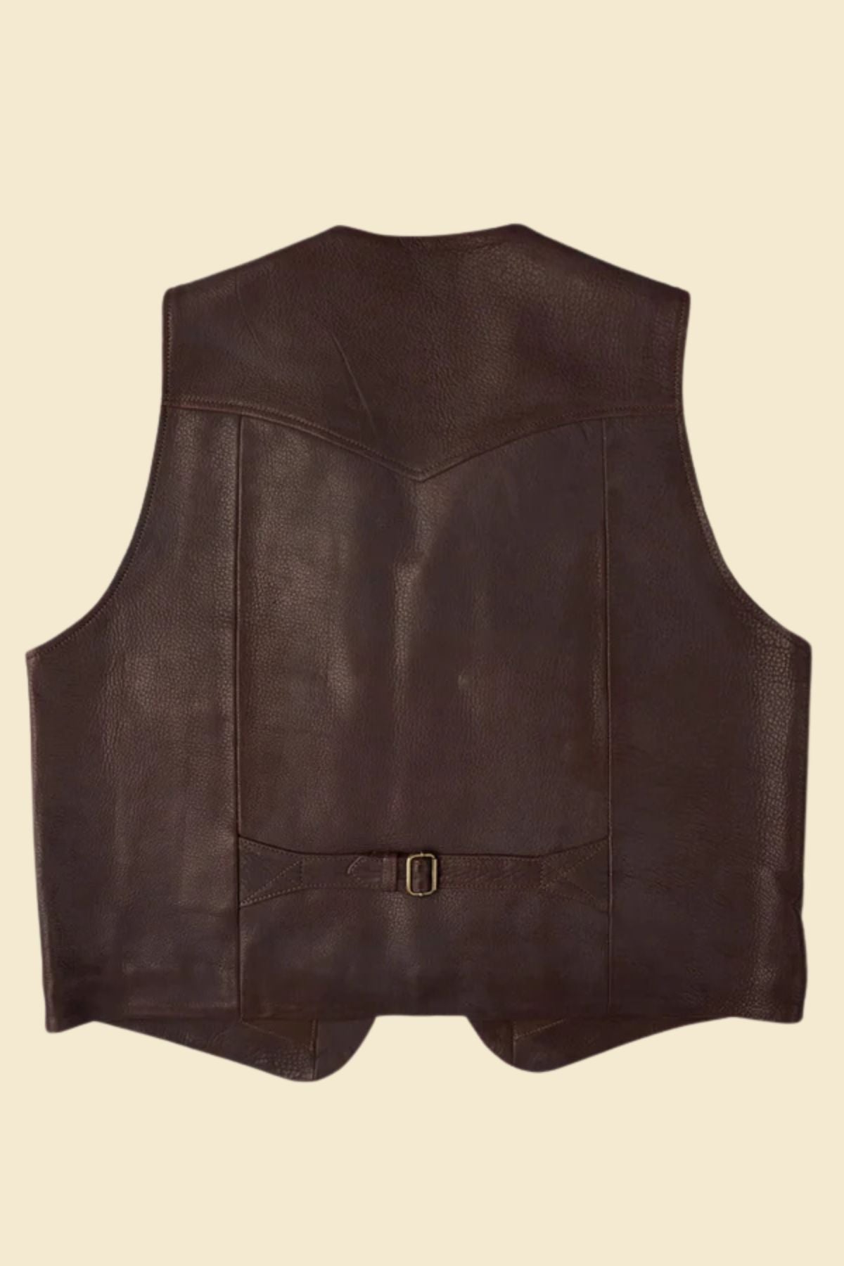brown leather Western vest styled with denim and boots for a rugged cowboy-inspired look.