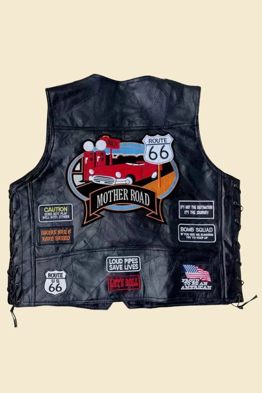 Menβs motorcycle vest in black cowhide with smooth polyester lining and classic fit.