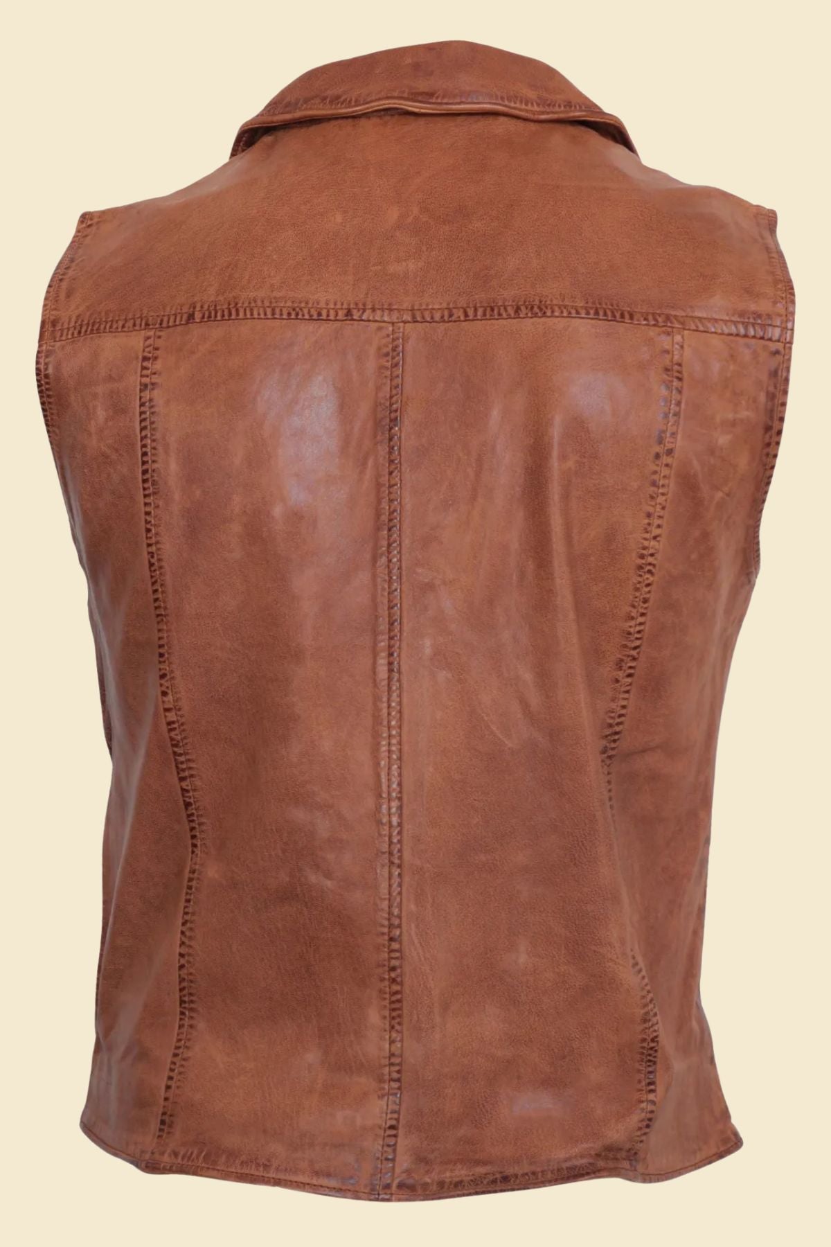 Multi-pocket biker vest in genuine brown sheepskin leather.