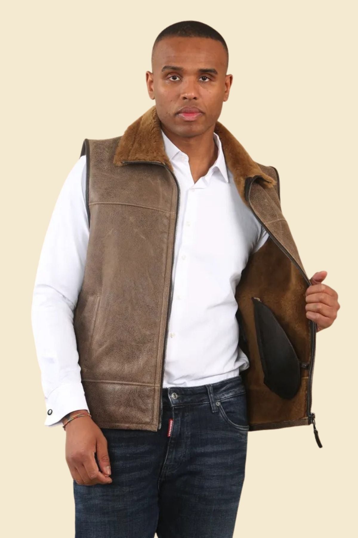 wool brown leather vest, combining a relaxed fit with urban casual styling for men.