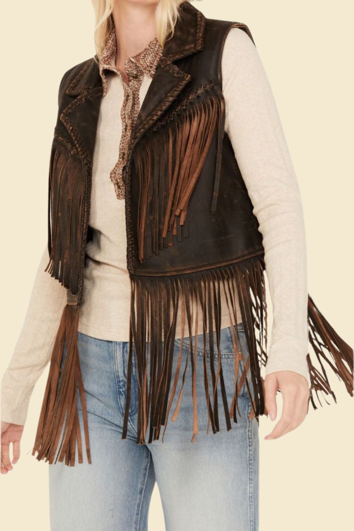 Fringe Western vest in dark brown leather designed for women.