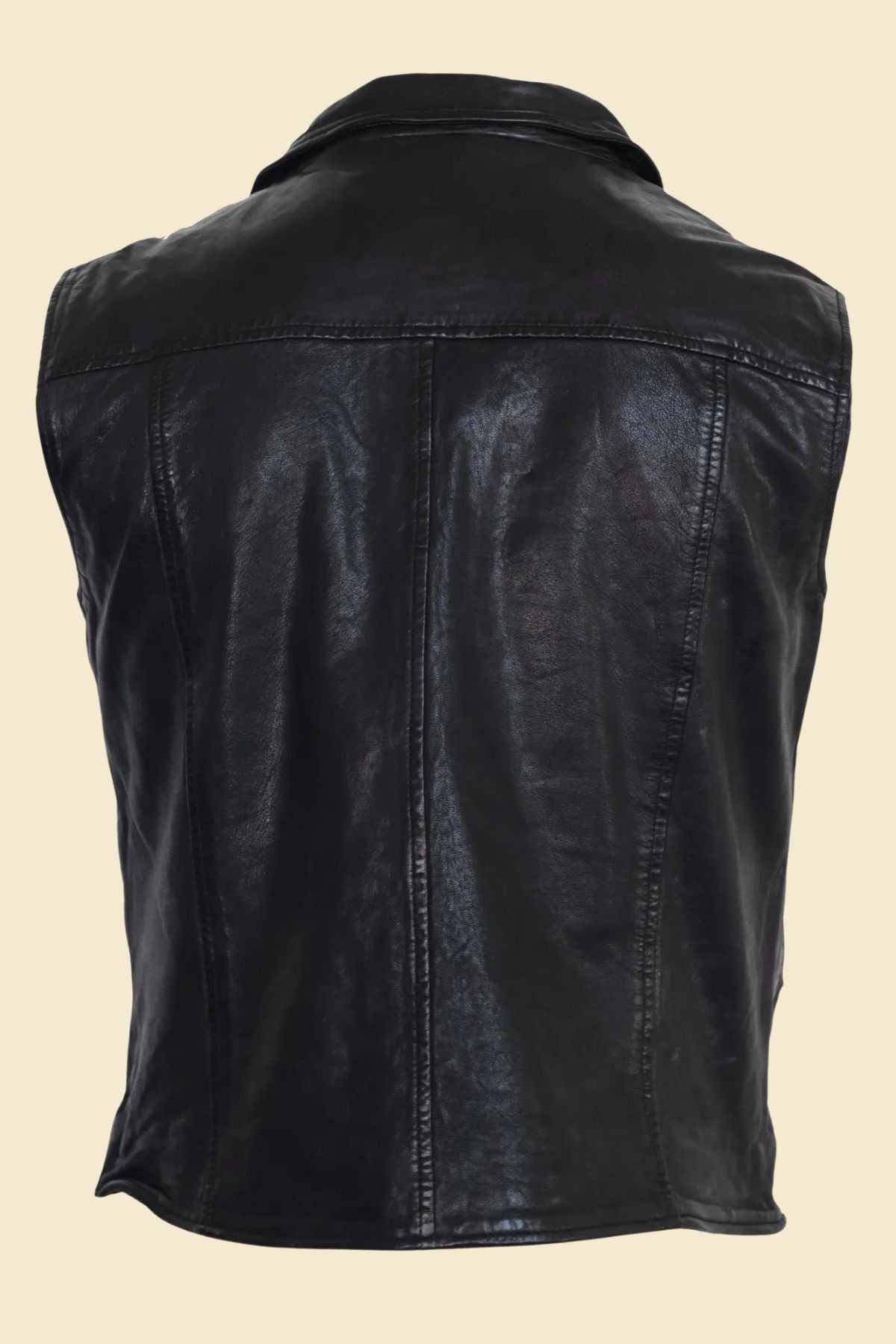 Genuine leather utility vest in black, styled for modern bikers and commuters.