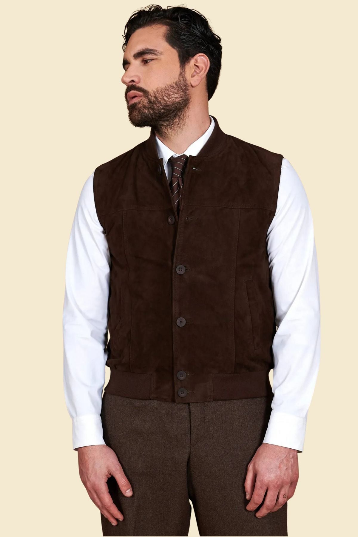 dark brown suede vest with casual layers for a refined everyday look.