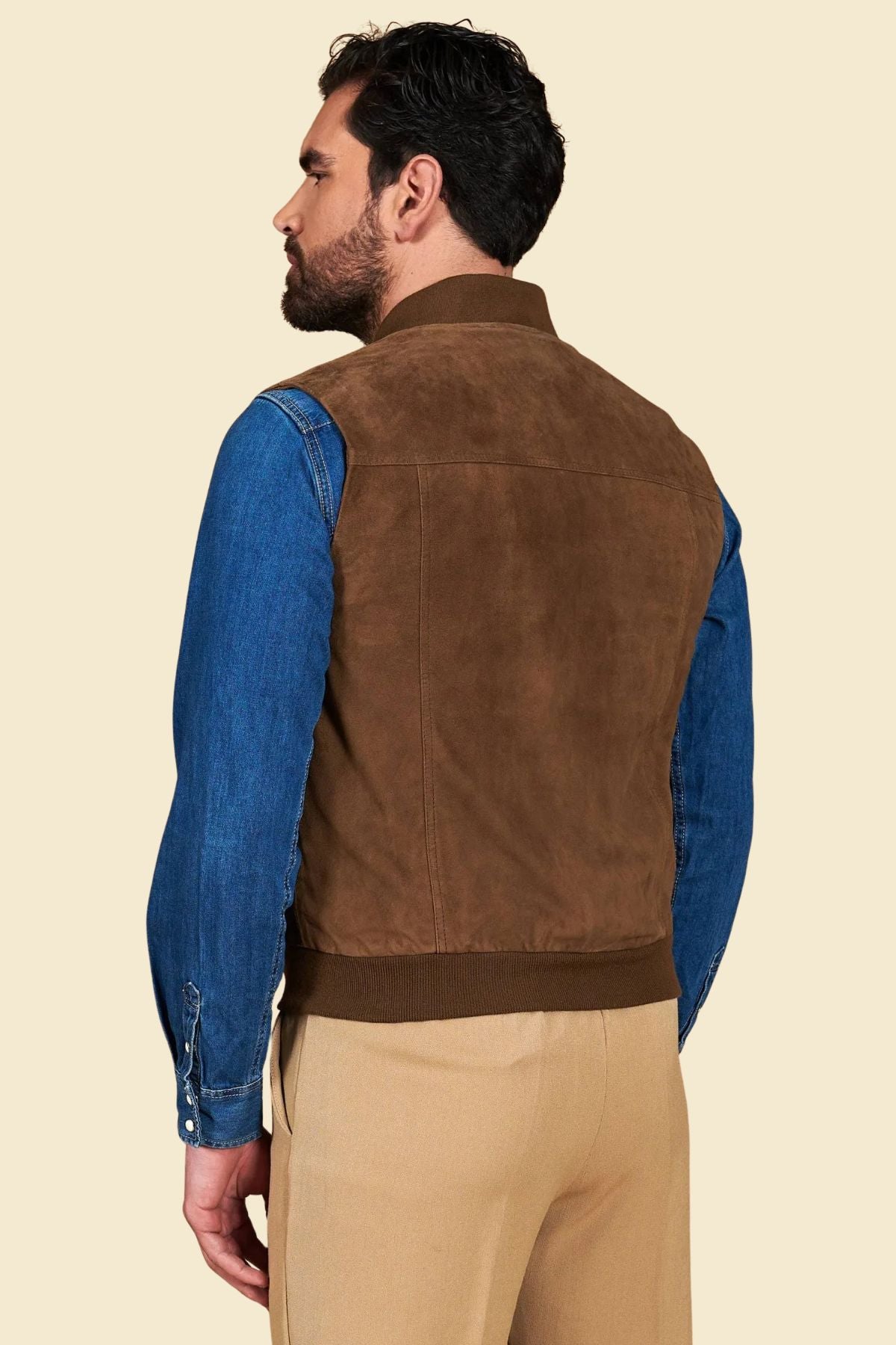 soft suede leather and metallic zipper on brown bomber vest for men.