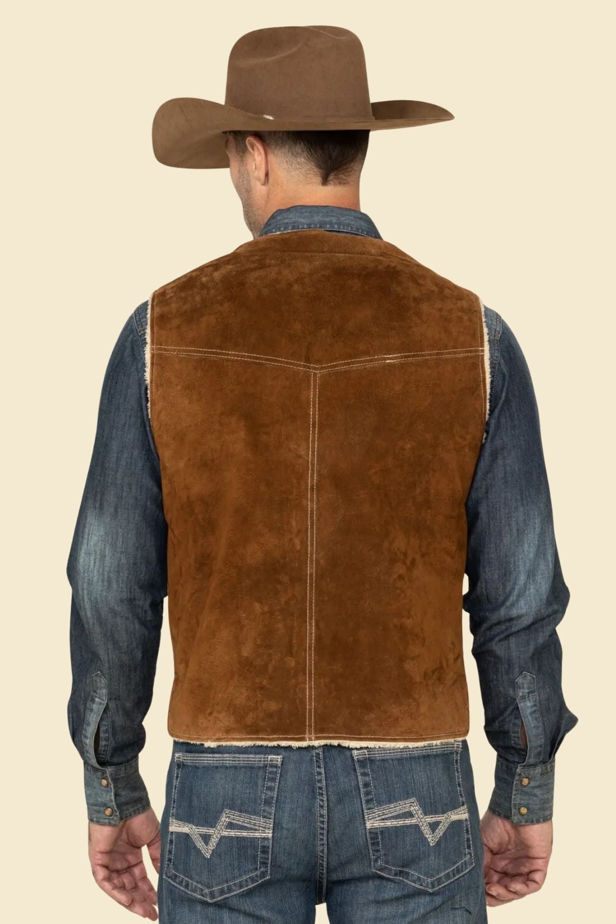 genuine suede leather and faux fur lining on men's Western-style vest.