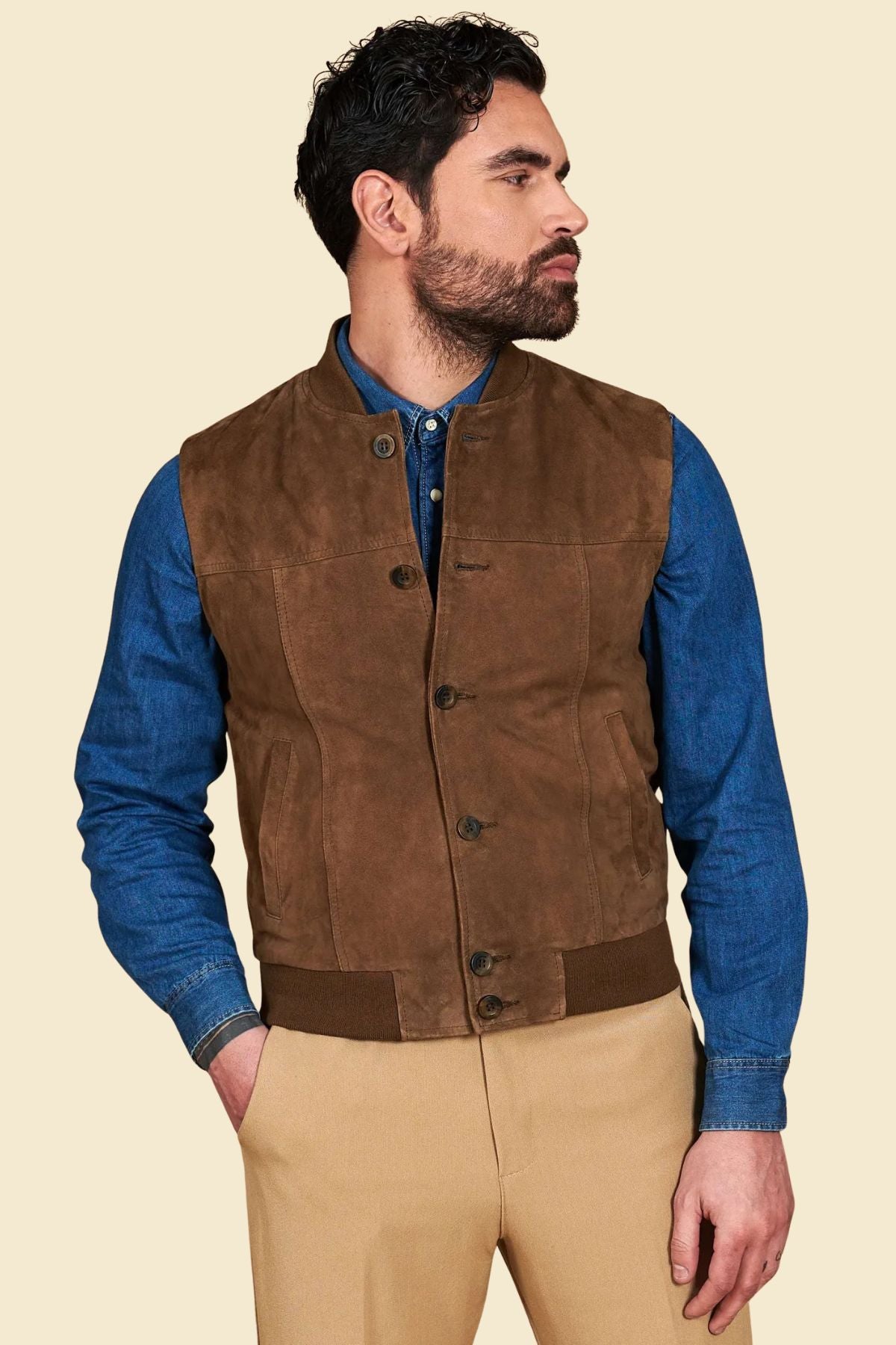men’s suede leather bomber vest in brown, showing classic tailored fit.
