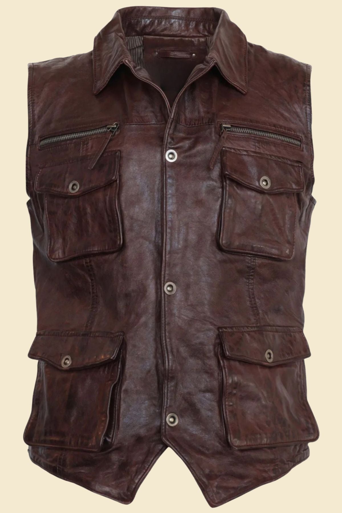 Vintage-style chocolate brown leather vest for men with multiple pockets.