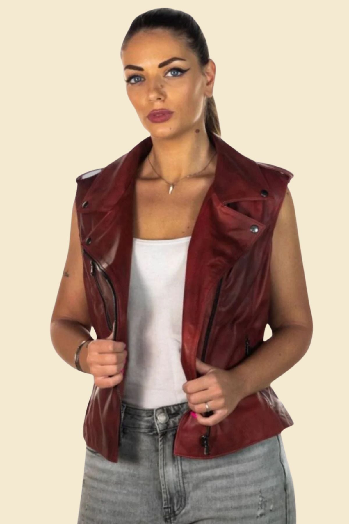 women’s leather motorcycle vest in vintage red.