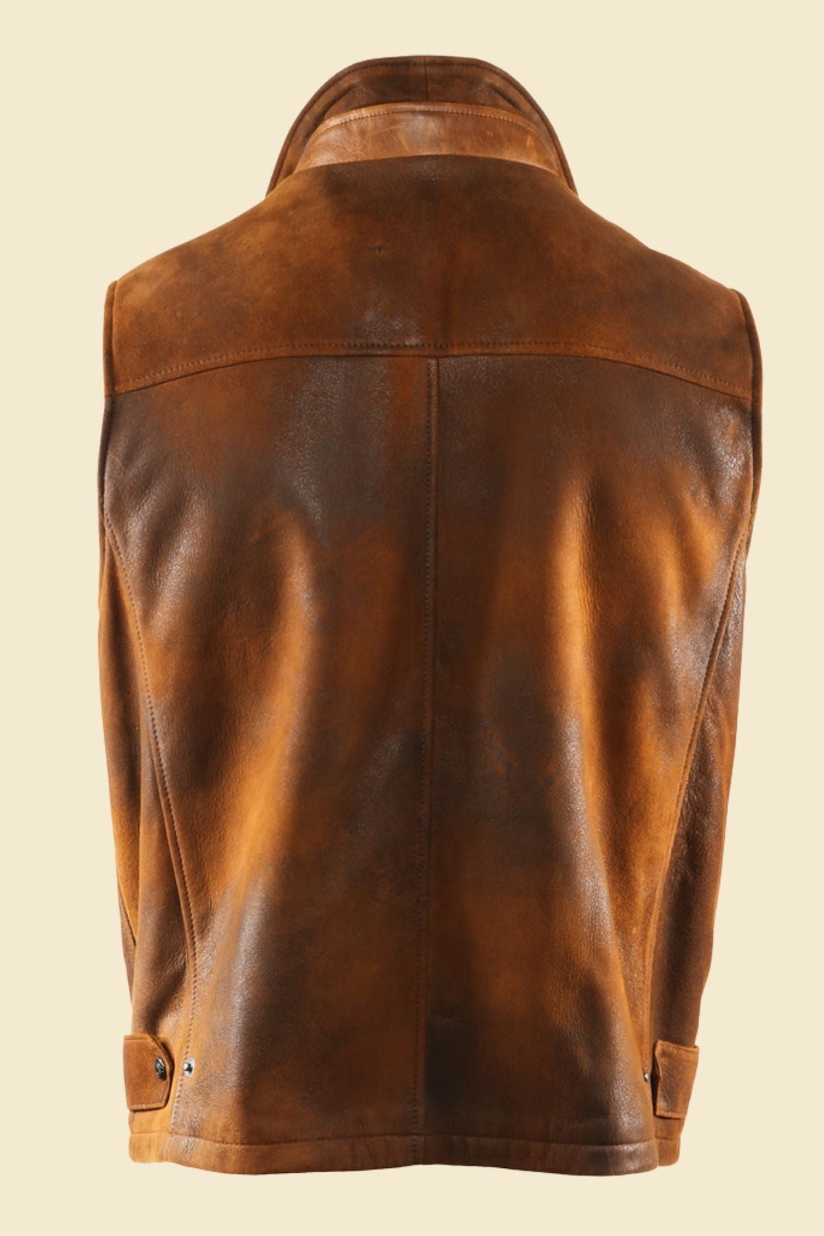 vintage-style sheepskin leather vest in distressed brown with structured seams.