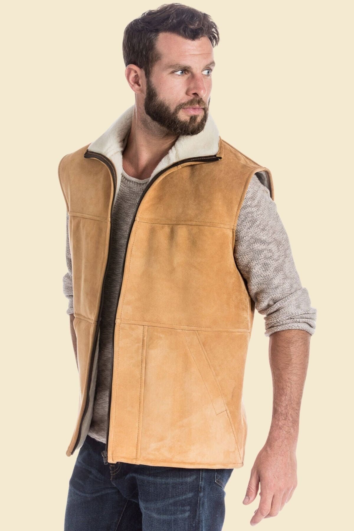 Western style brown suede vest with faux fur for men