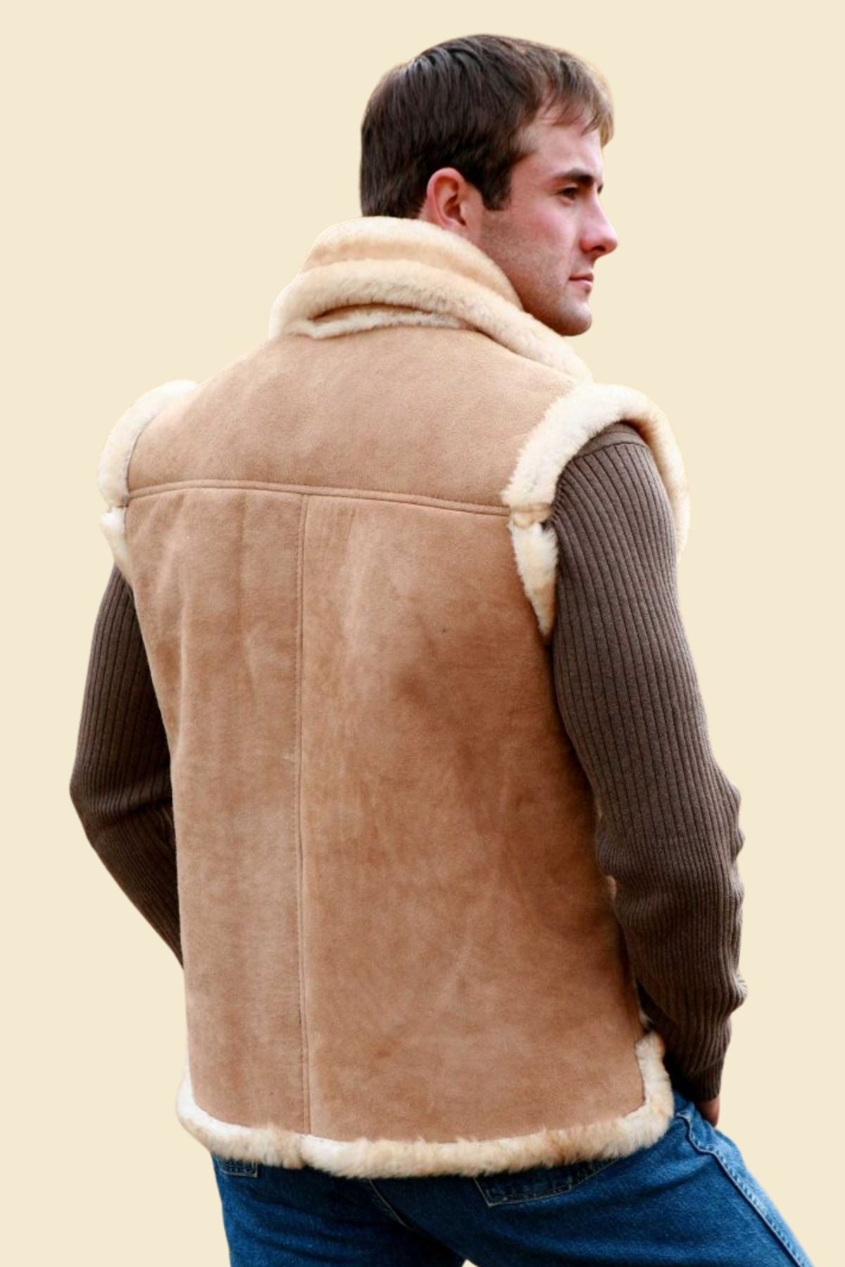 soft faux fur lining and rustic leather grain on men’s Old Western vest.