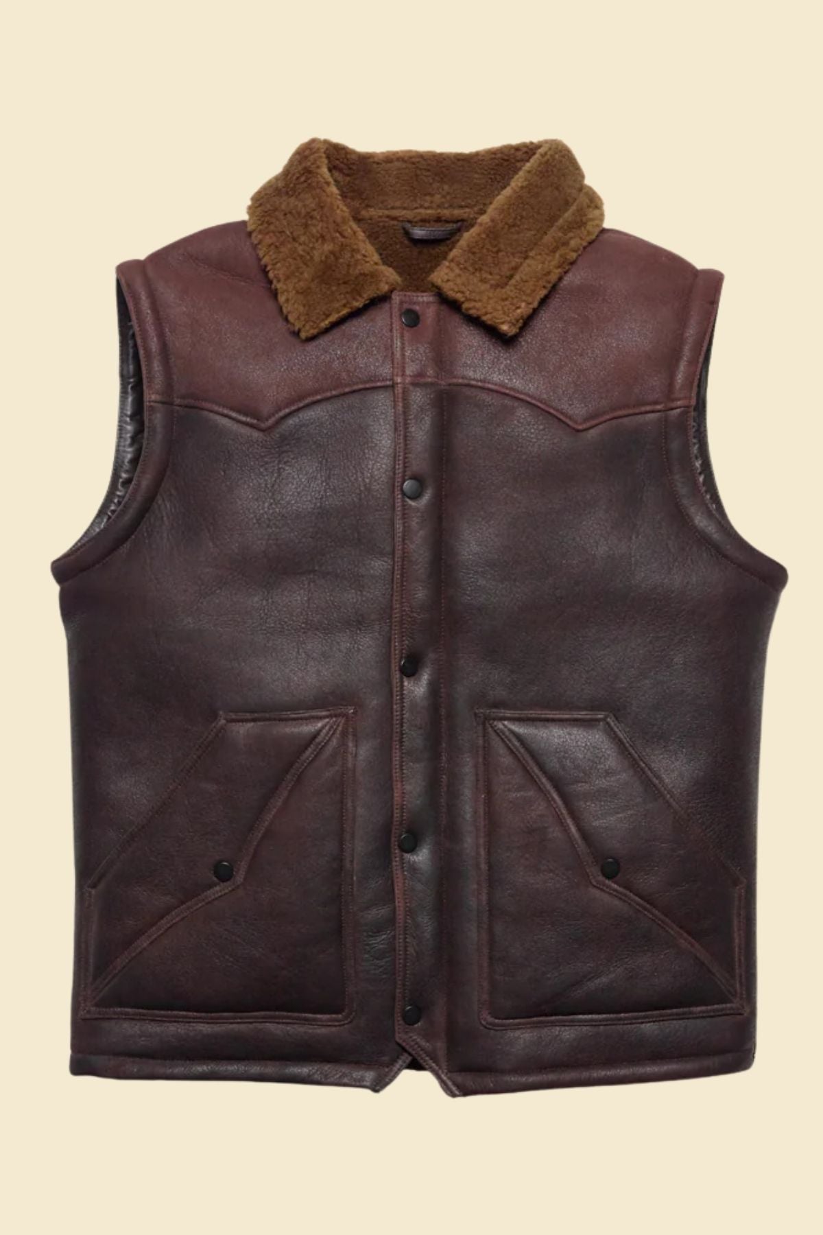 men’s Western brown lambskin leather vest with soft faux fur lining.