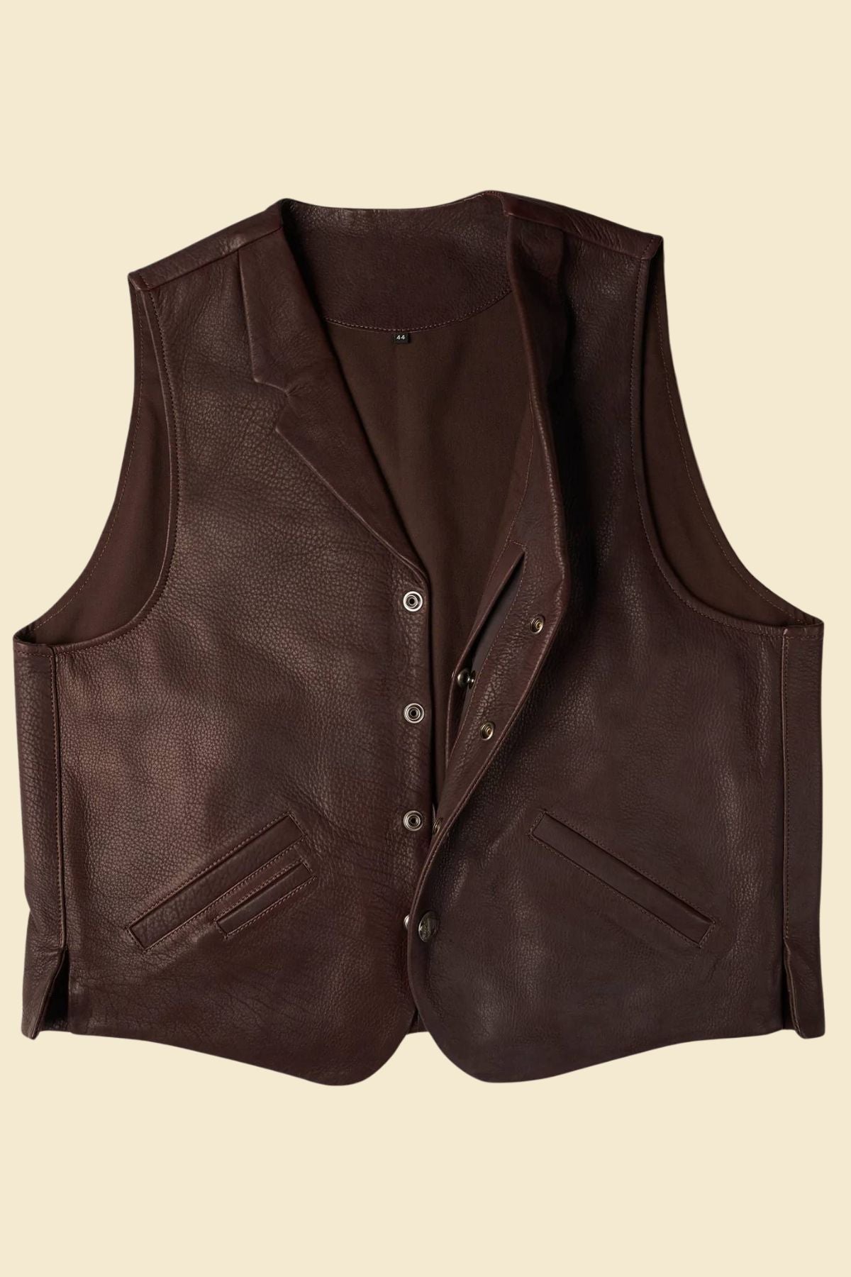 men’s brown Western vest made from soft lambskin leather, showing tailored seams and clean lines