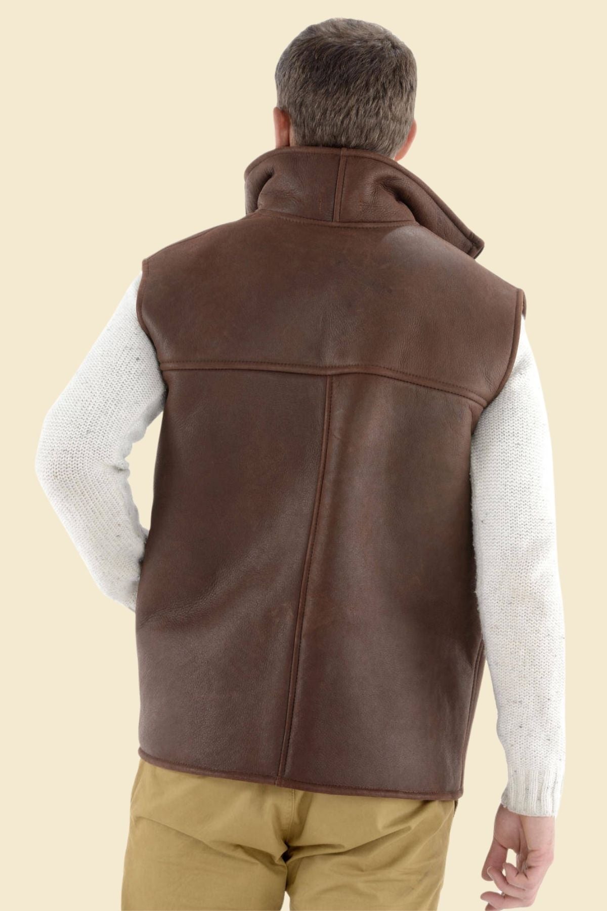 men’s brown sheepskin vest styled for winter layering