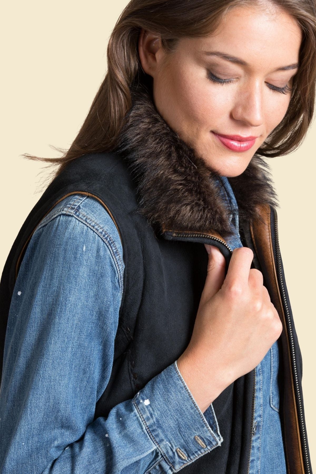 black leather and fur vest for women, perfect for winter styling.