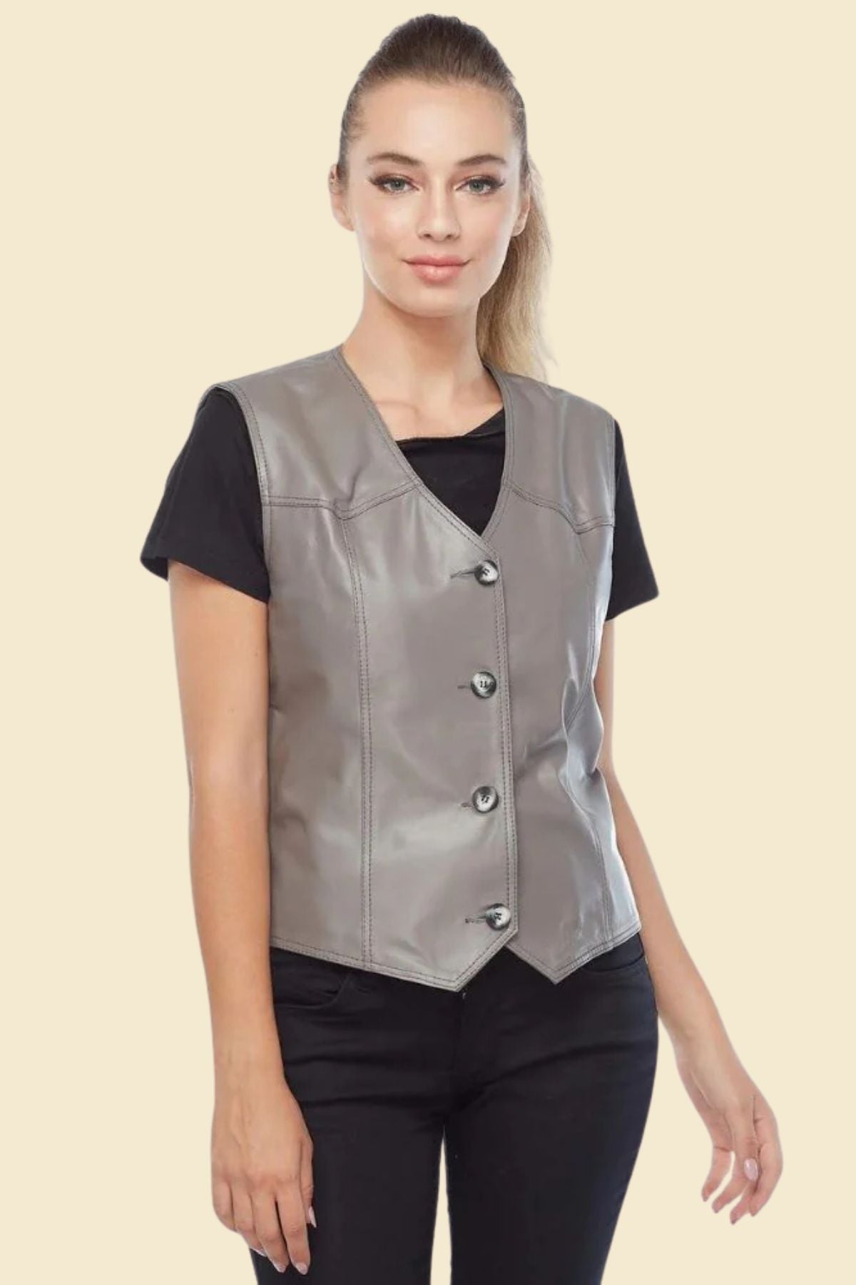 Stylish gray biker vest for women with soft polyester lining.