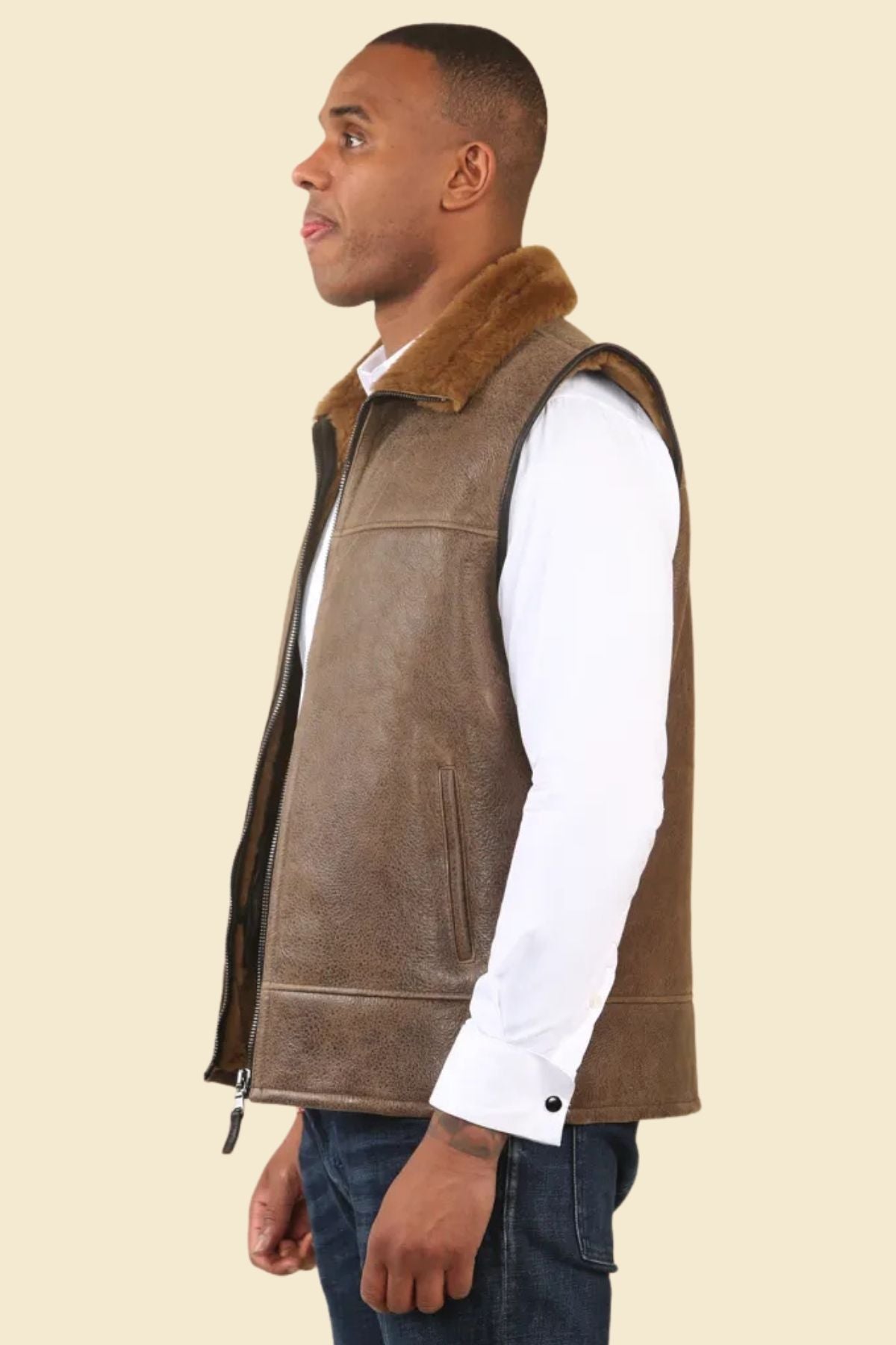 brown sheepskin leather and faux fur texture, highlighting premium craftsmanship and cozy lining.