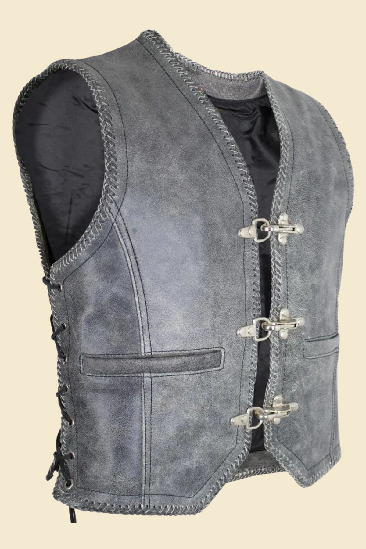 Distressed Gray Leather Biker Vest for Men Vintage