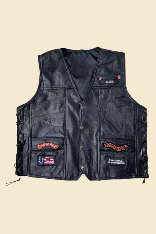 American biker black leather vest for men made from genuine cowhide.