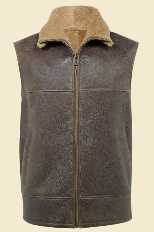 brown sheepskin leather texture and soft faux fur lining from men’s B3 aviator vest.