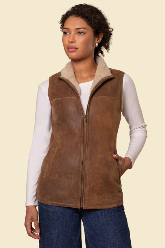 women’s B3 aviator flying vest crafted from brown sheepskin leather with faux shearling lining.