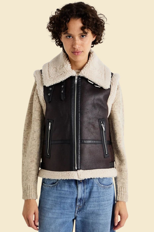 women’s B3 aviator bomber vest made from brown sheepskin leather with faux shearling lining.