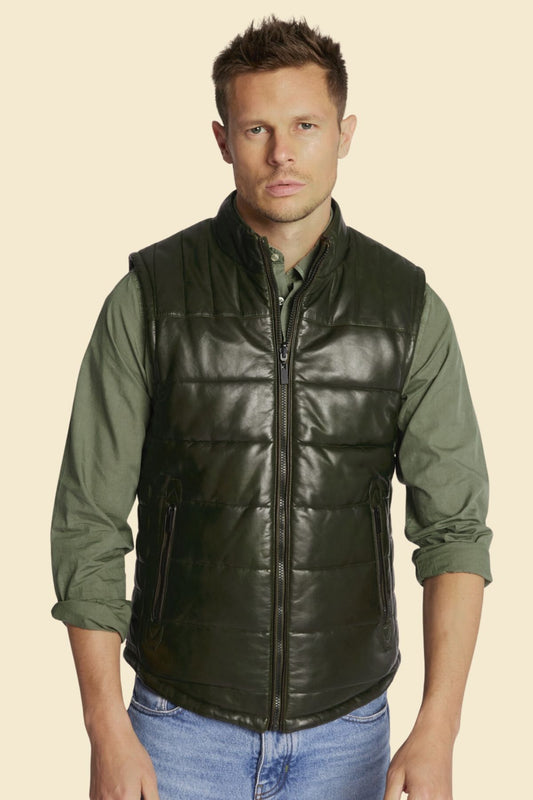 Men’s black lambskin leather puffer vest with quilted lightweight design.
