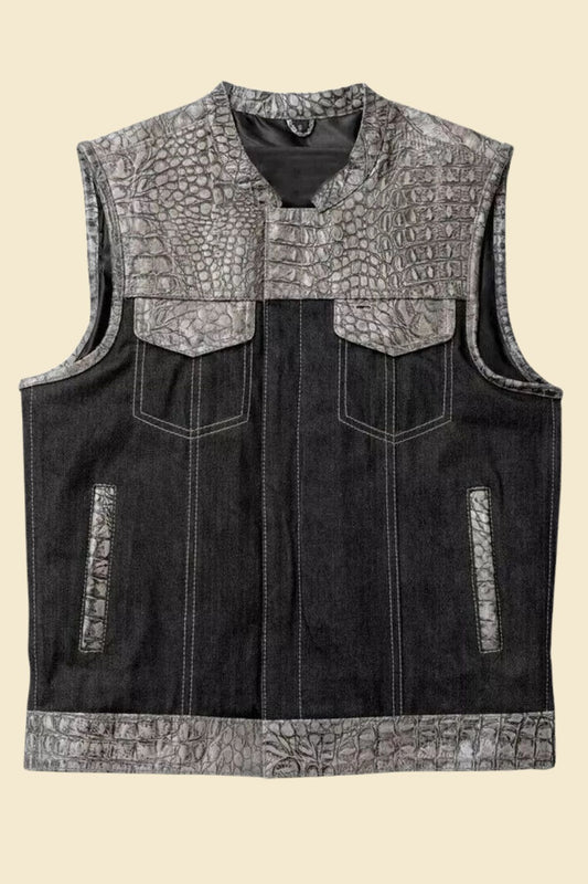 Men’s motorcycle vest with black denim and embossed leather accents.