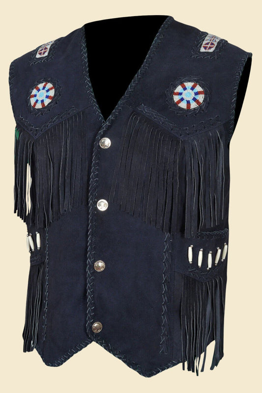 men’s blue suede fringe vest with Western styling and open front design.