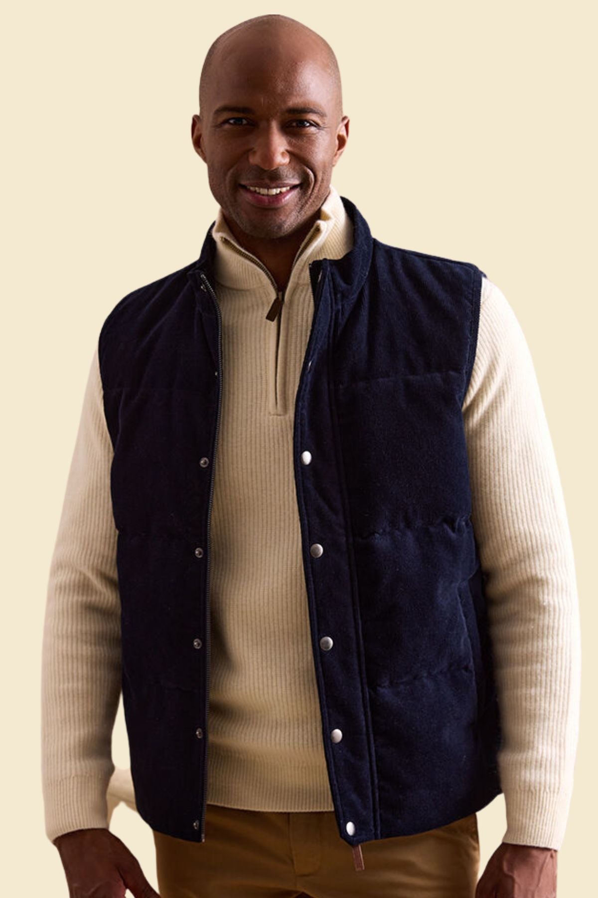 modern suede leather puffer vest in bold blue for men.