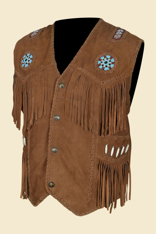 men’s suede fringe vest with jeans and boots for a festival-ready boho Western look.