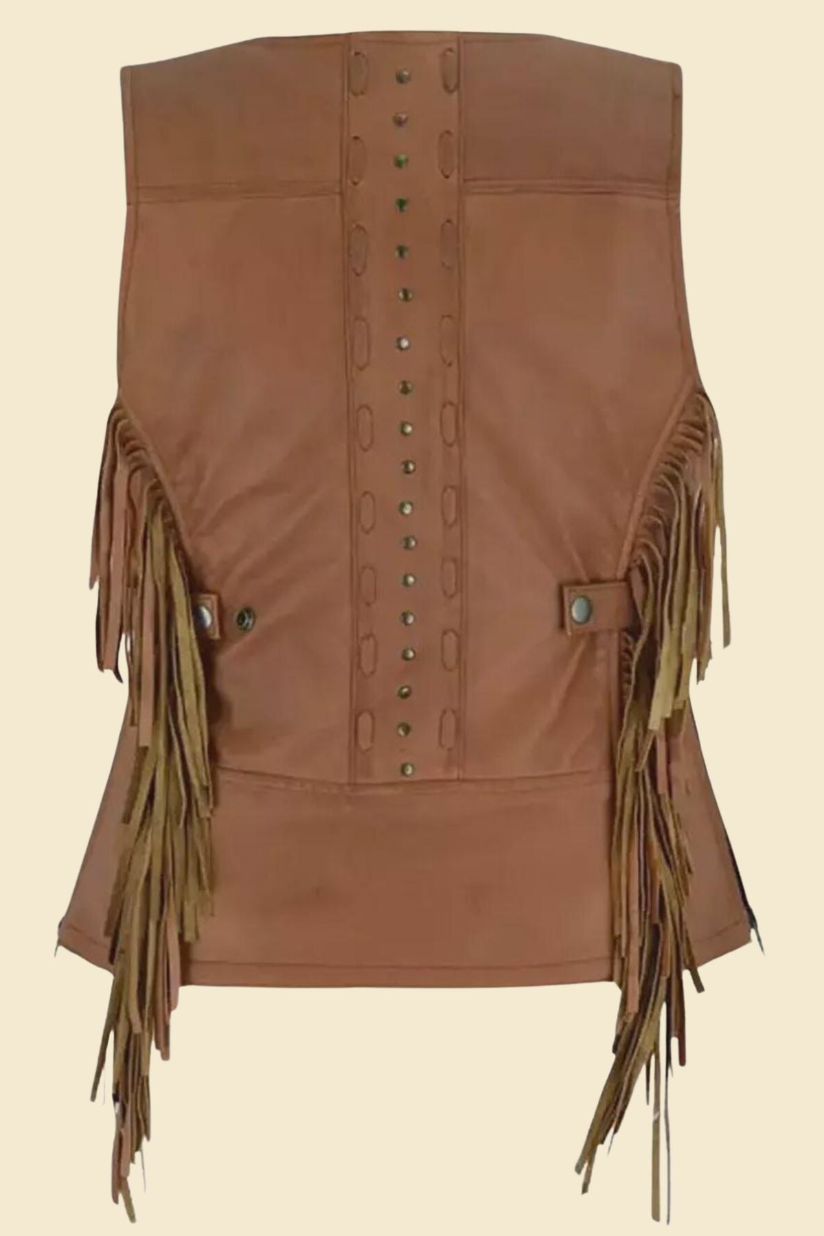 Genuine leather women’s vest styled for biker fashion and edge.