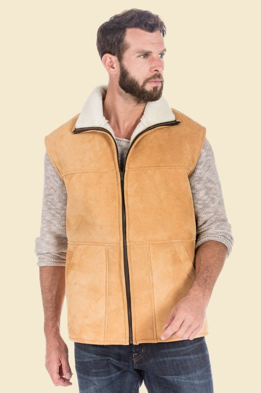 brown suede vest featuring soft faux fur lining
