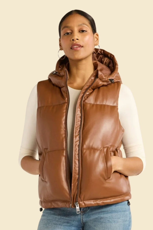 Men’s brown leather puffer vest with attached hoodie and front zip closure.