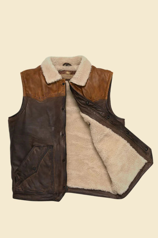 men’s Western-style brown leather vest with sherpa fur lining