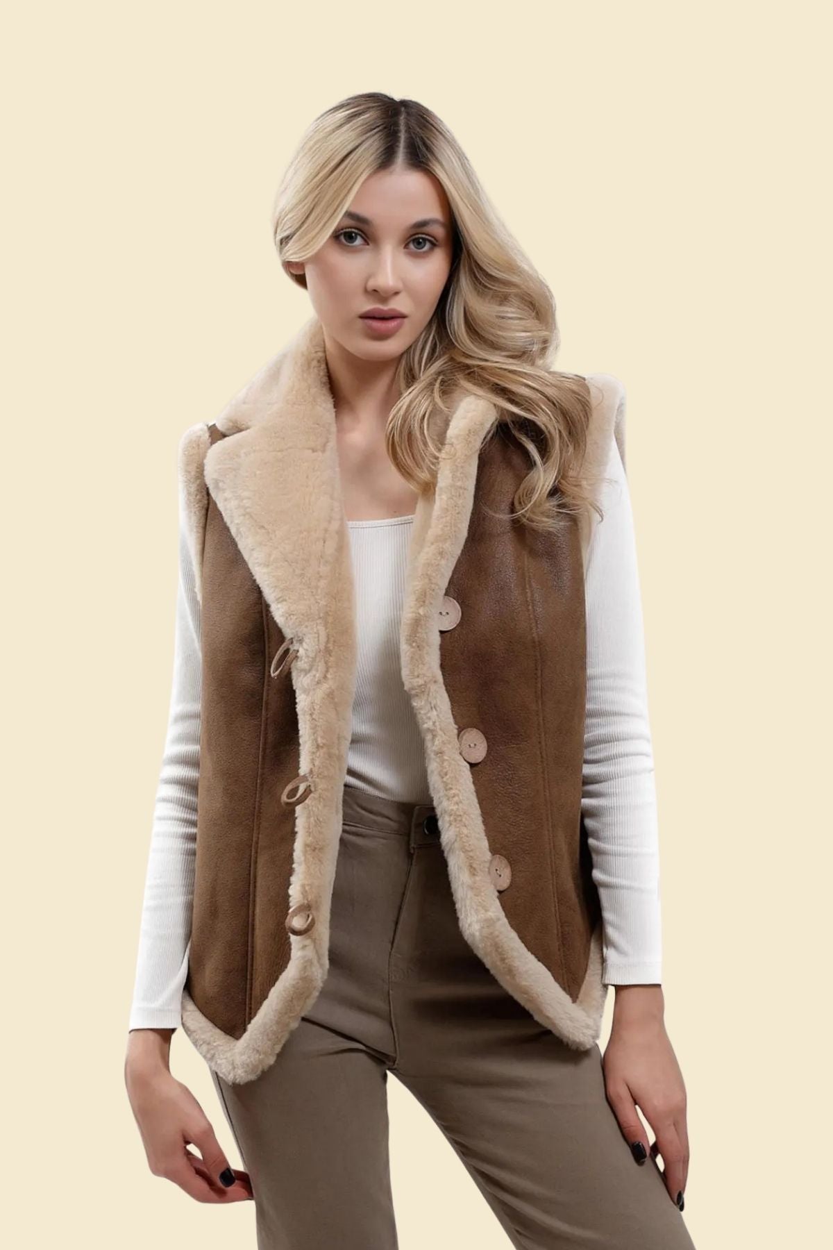 brown leather shearling B3 vest for women.