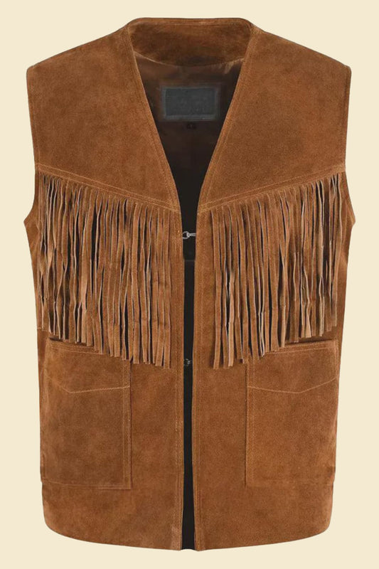 women’s brown suede leather vest with fringe detailing.
