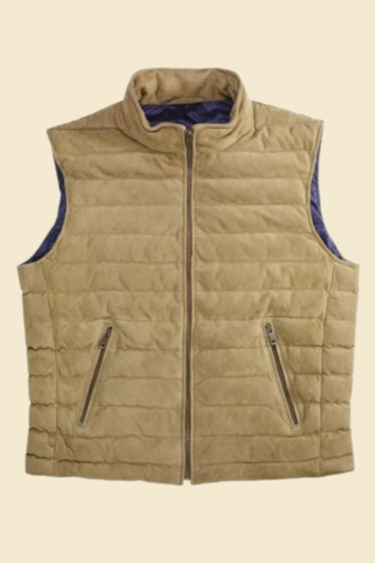Men’s brown suede leather puffer vest with quilted insulation and zip closure.