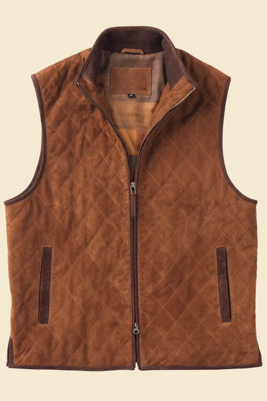 Close-up of quilted suede texture in brown leather vest