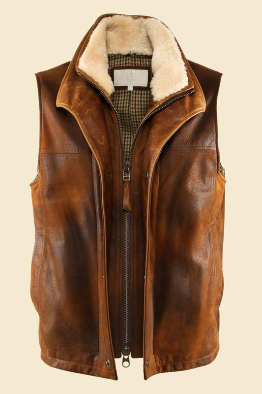 distressed leather vest with fur collar styled in casual streetwear outfit.
