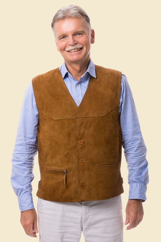 Western-style men’s suede vest in brown, tailored for a casual modern fit.